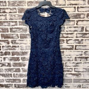 Lulus Chic Navy Blue Backless Lace Mini Dress Cap Sleeve Bodycon Cocktail Size S